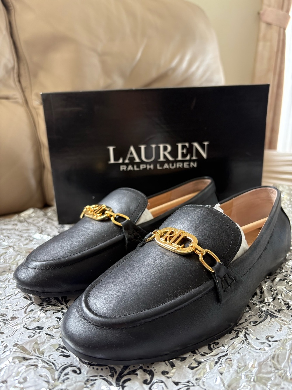 Lauren Ralph Lauren Averi Black Leather Loafers with Gold Bit